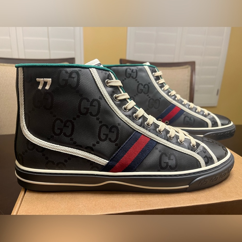 New Gucci Tennis 1977 GG Supreme Logo Gray High Sneaker Shoes UK 13 / US 13.5 - Picture 2 of 16